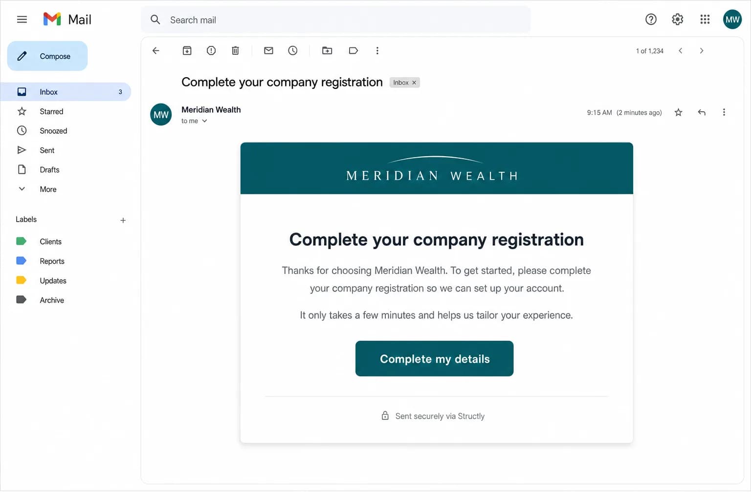 A client email branded to a wealth-management firm