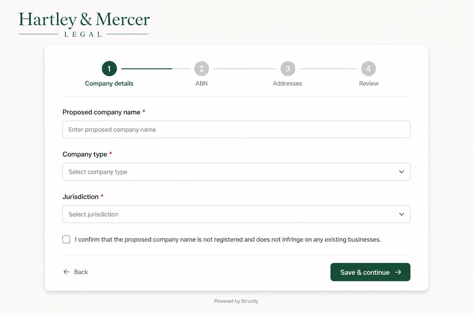 A client intake form white-labeled with a law firm's branding