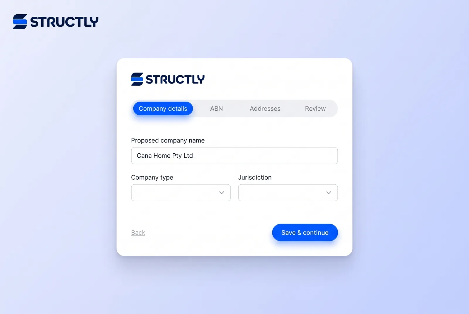 Structly's guided, multi-step company registration form